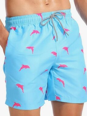 NWT Men's Light Blue W/Pink Dolphin Print Swim Trunks By Biwisy 2xl